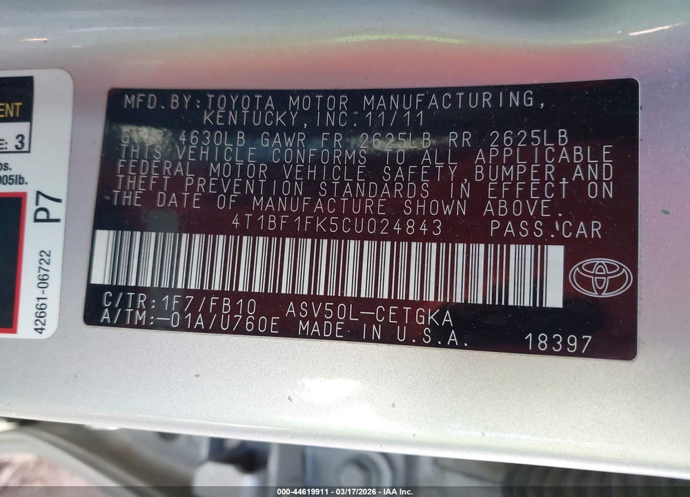 2012 TOYOTA CAMRY XLE VIN: 4T1BF1FK5CU024843