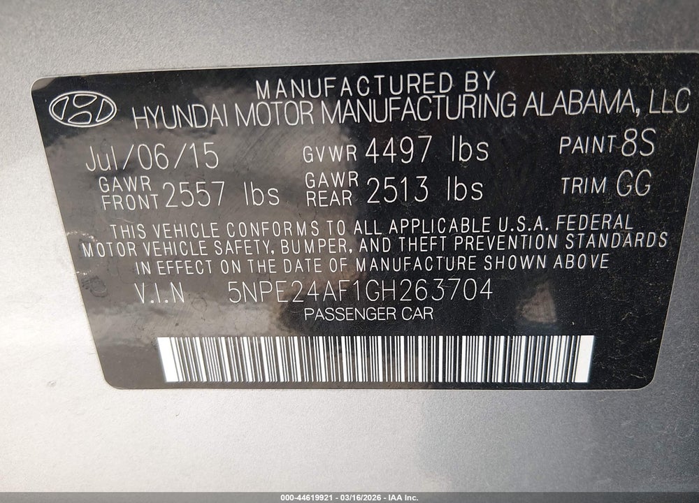 2016 HYUNDAI SONATA SE VIN: 5NPE24AF1GH263704