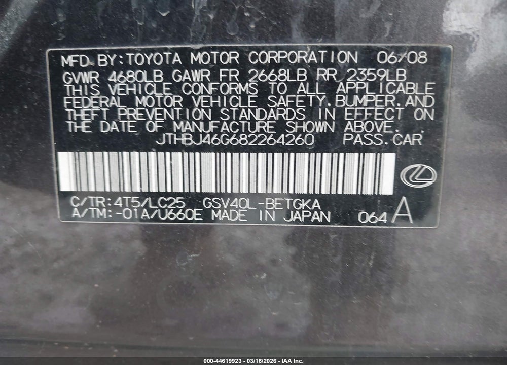2008 LEXUS ES 350 VIN: JTHBJ46G682264260