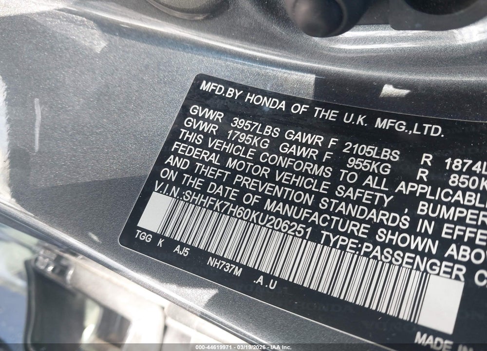 2019 HONDA CIVIC VIN: SHHFK7H60KU206251