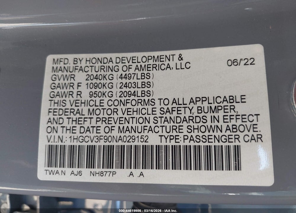 2022 HONDA ACCORD HYBRID TOURING VIN: 1HGCV3F90NA029152