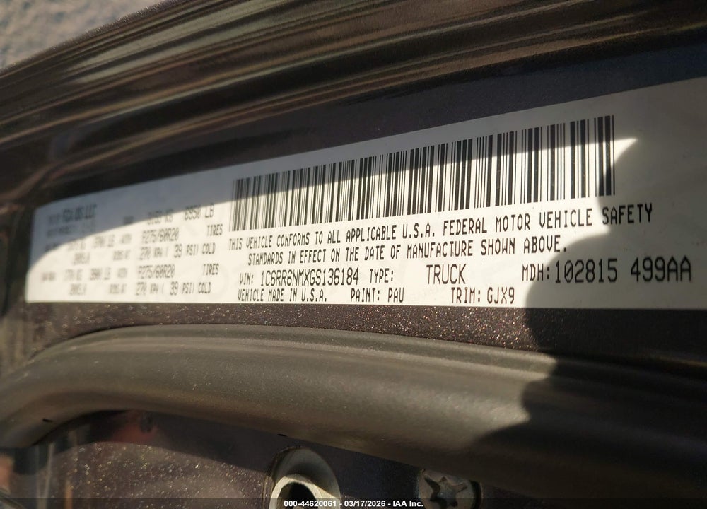 2016 RAM 1500 LAIE VIN: 1C6RR6NMXGS136184