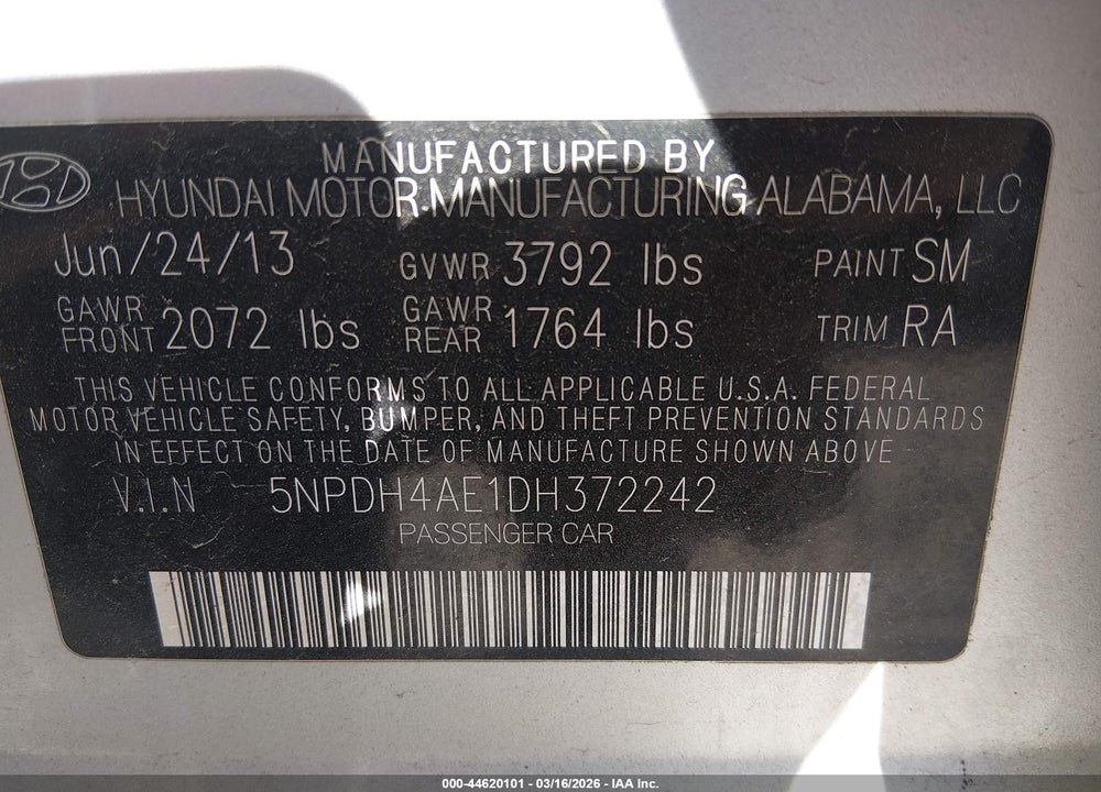 2013 HYUNDAI ELANTRA GLS VIN: 5NPDH4AE1DH372242
