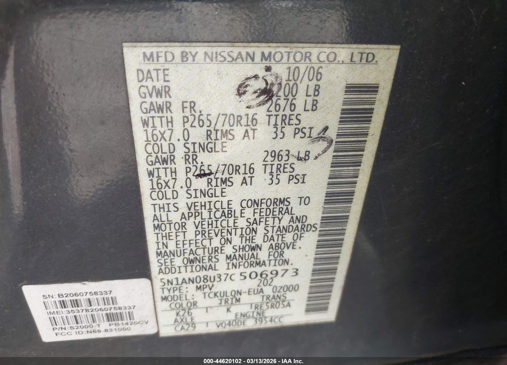 2007 NISSAN XTERRA X VIN: 5N1AN08U37C506973