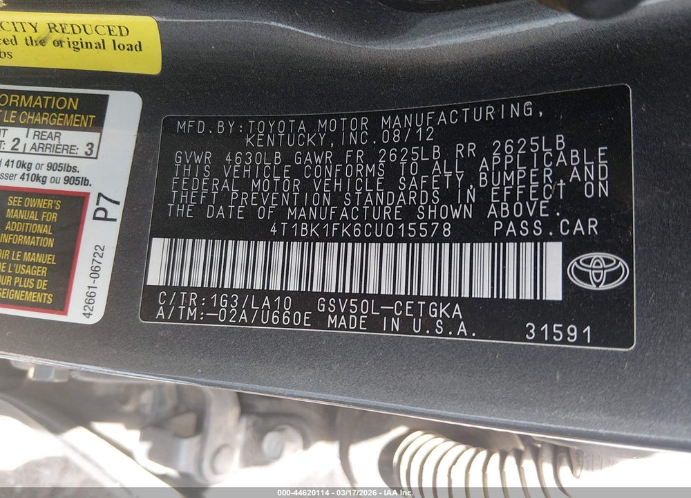 2012 TOYOTA CAMRY XLE V6 VIN: 4T1BK1FK6CU015578