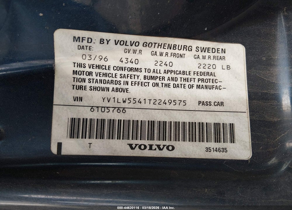 1996 VOLVO 850 GLT VIN: YV1LW5541T2249575