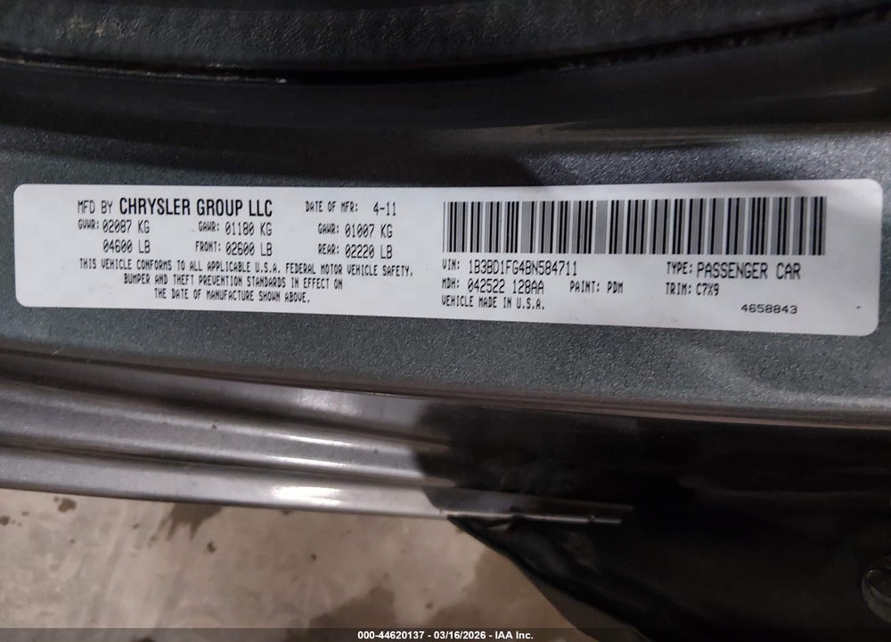 2011 DODGE AVENGER MAINSTREET VIN: 1B3BD1FG4BN584711