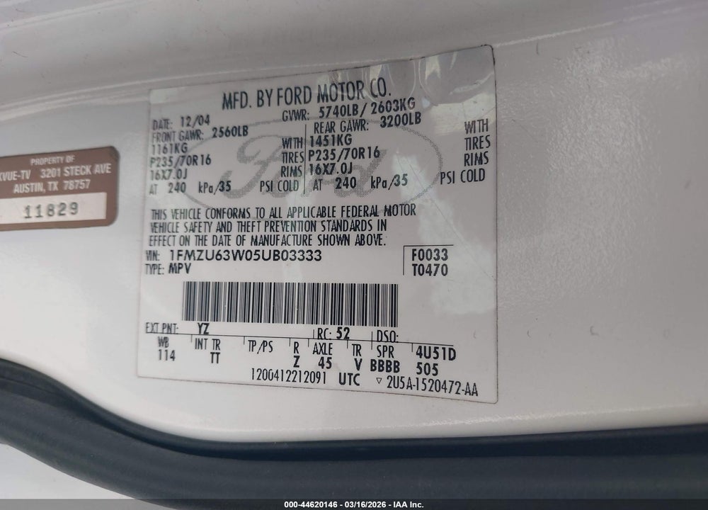2005 FORD EXPLORER XLT/XLT SPORT VIN: 1FMZU63W05UB03333