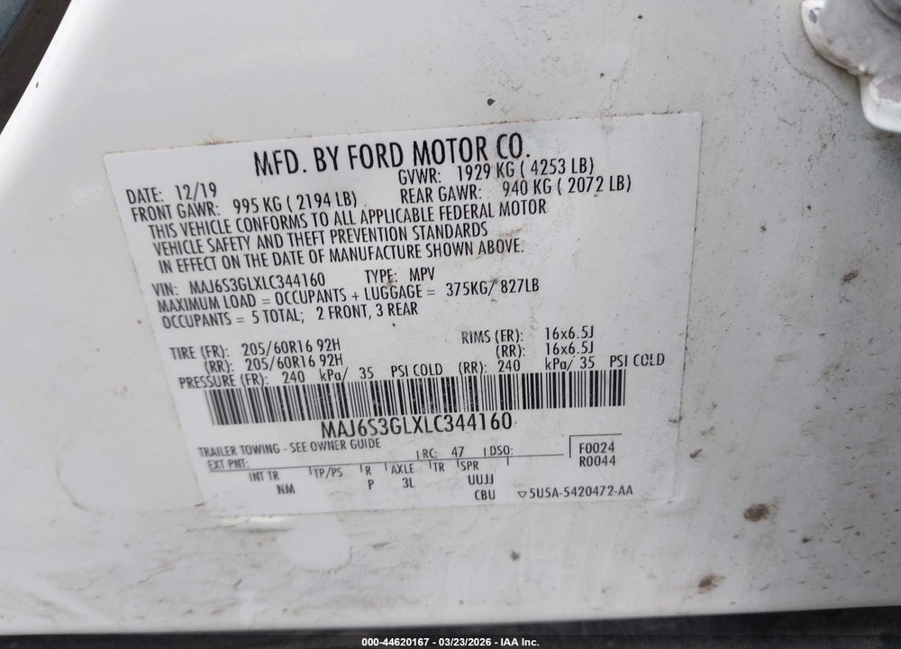 2020 FORD ECOSPORT SE VIN: MAJ6S3GLXLC344160