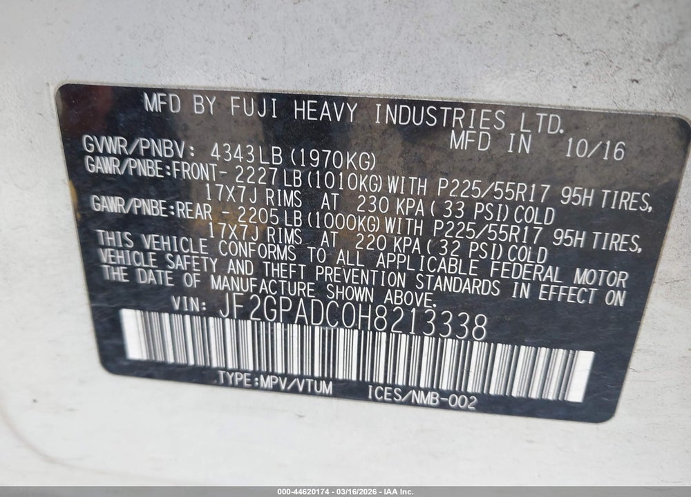 2017 SUBARU CROSSTREK 2.0I PREMIUM VIN: JF2GPADC0H8213338