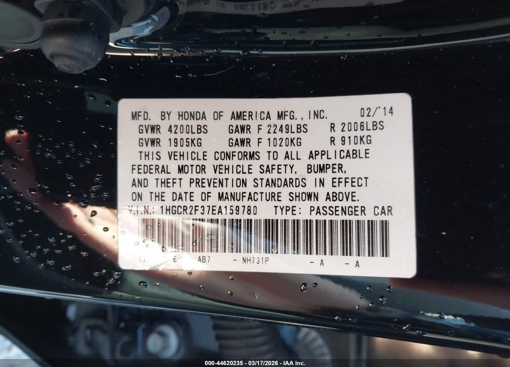 2014 HONDA ACCORD LX VIN: 1HGCR2F37EA159780
