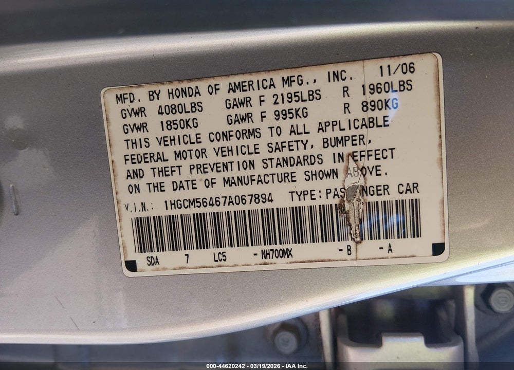 2007 HONDA ACCORD 2.4 LX VIN: 1HGCM56467A067894