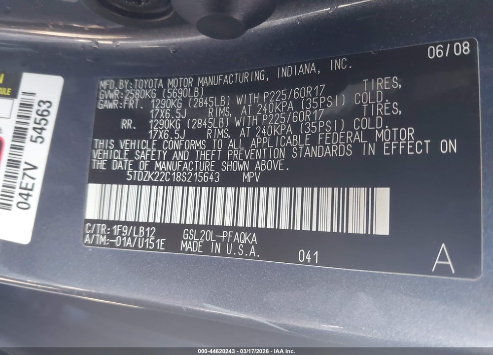 2008 TOYOTA SIENNA LIMITED VIN: 5TDZK22C18S215643