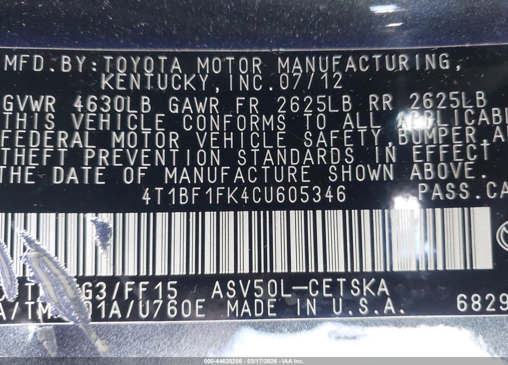 2012 TOYOTA CAMRY SE VIN: 4T1BF1FK4CU605346