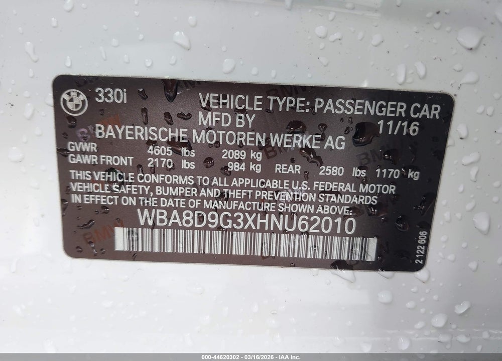 2017 BMW 330I XDRIVE VIN: WBA8D9G3XHNU62010