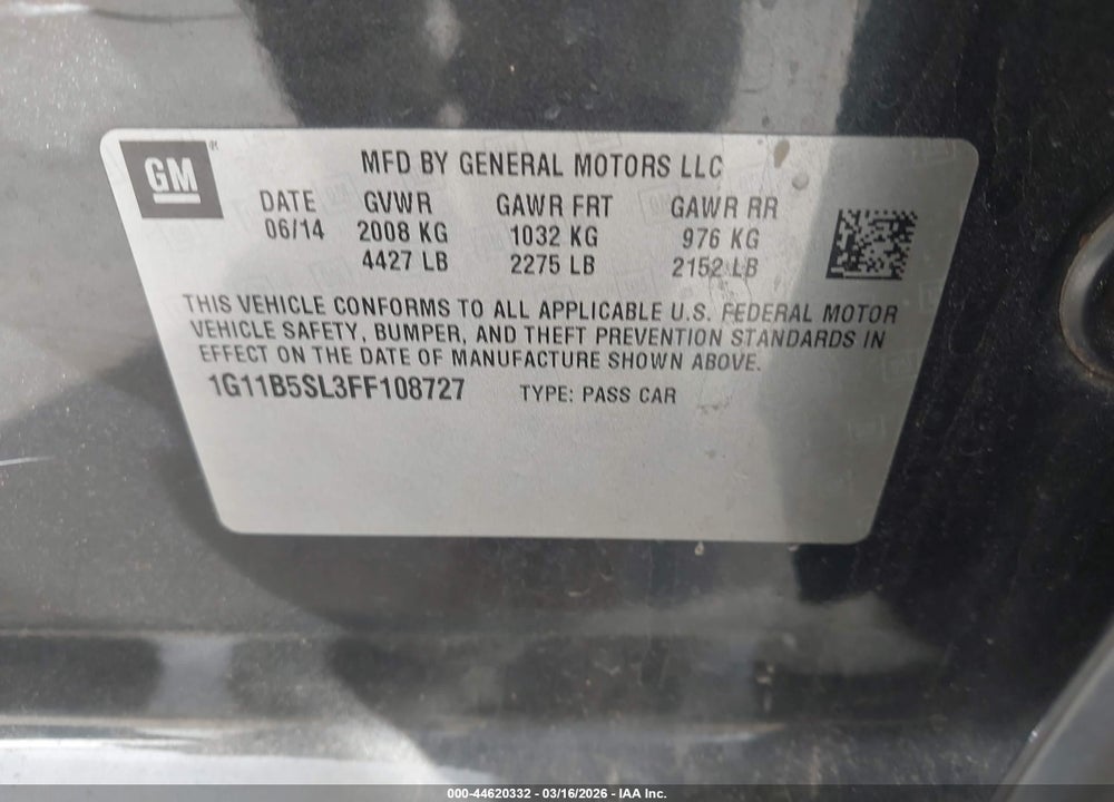 2015 CHEVROLET MALIBU LS VIN: 1G11B5SL3FF108727