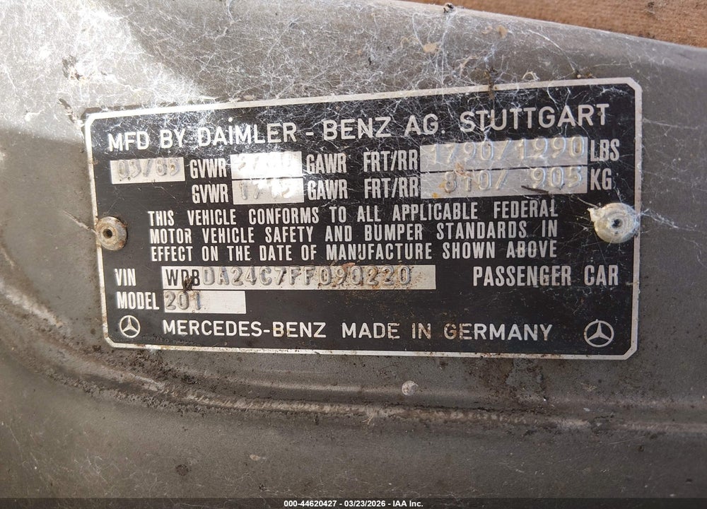 1985 MERCEDES-BENZ 190 E 2.3 VIN: WDBDA24C7FF090220