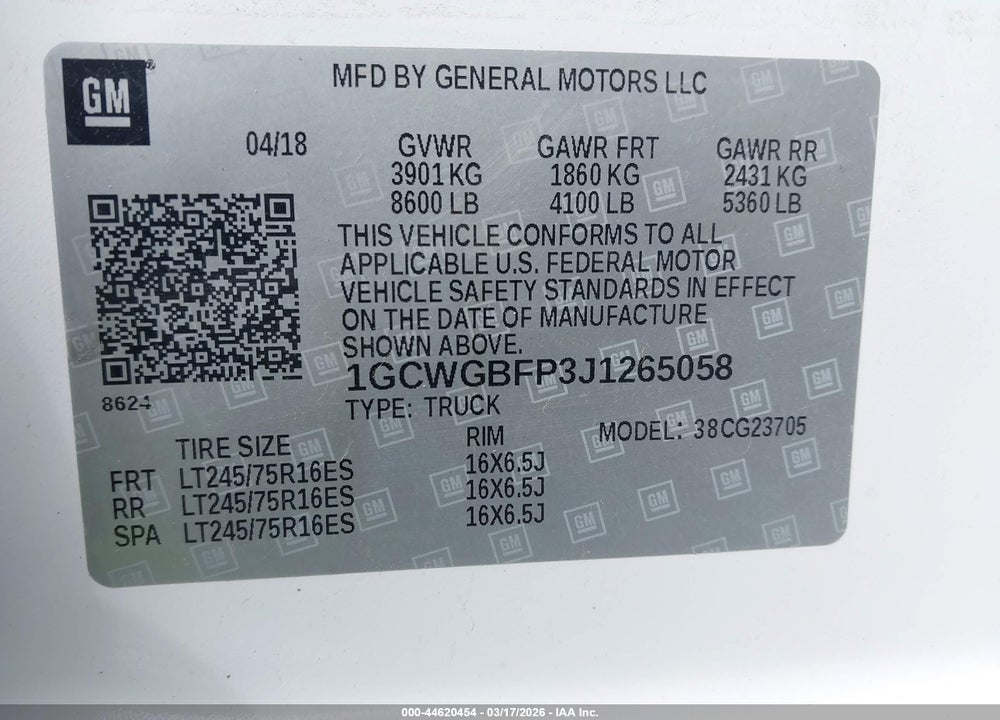 2018 CHEVROLET EXPRESS 2500 WORK VAN VIN: 1GCWGBFP3J1265058