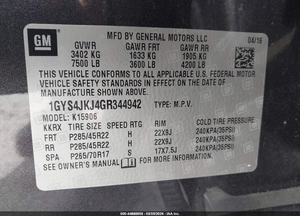 2016 CADILLAC ESCALADE ESV PREMIUM COLLECTION VIN: 1GYS4JKJ4GR344942