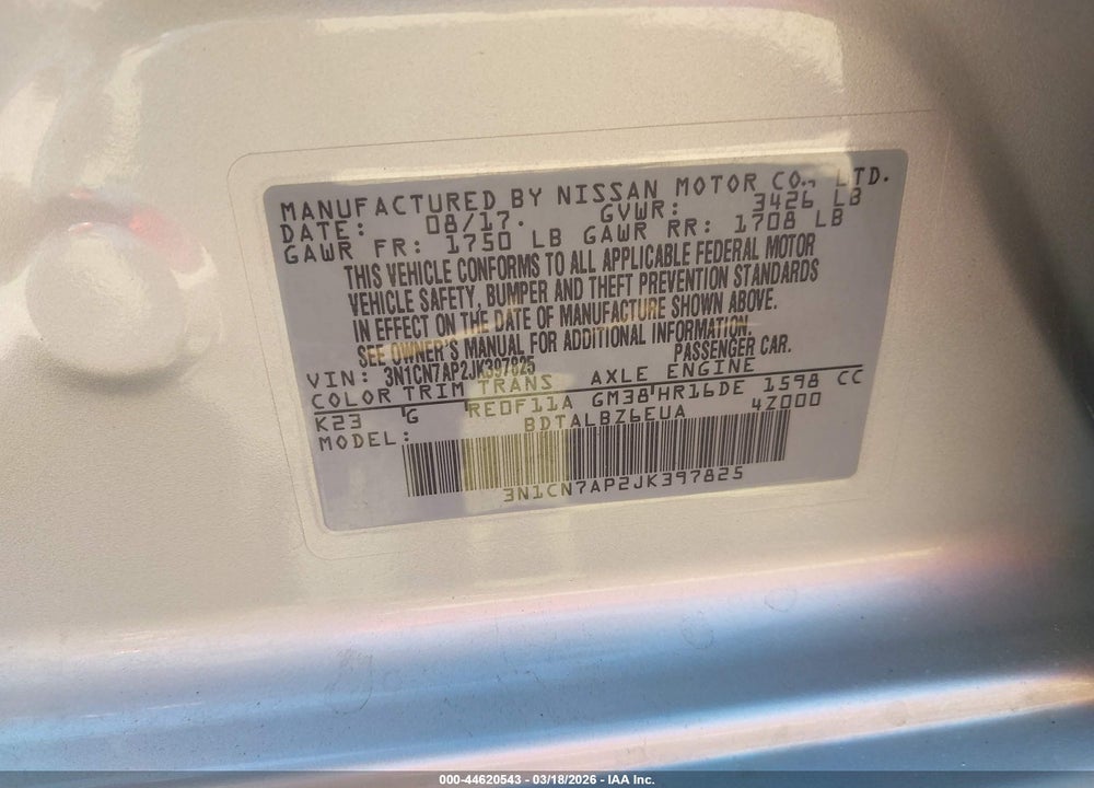 2018 NISSAN VERSA 1.6 SV VIN: 3N1CN7AP2JK397825