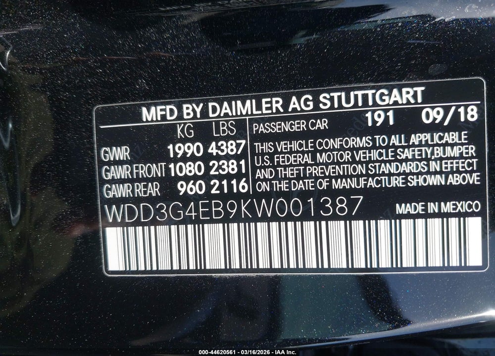 2019 MERCEDES-BENZ A 220 VIN: WDD3G4EB9KW001387