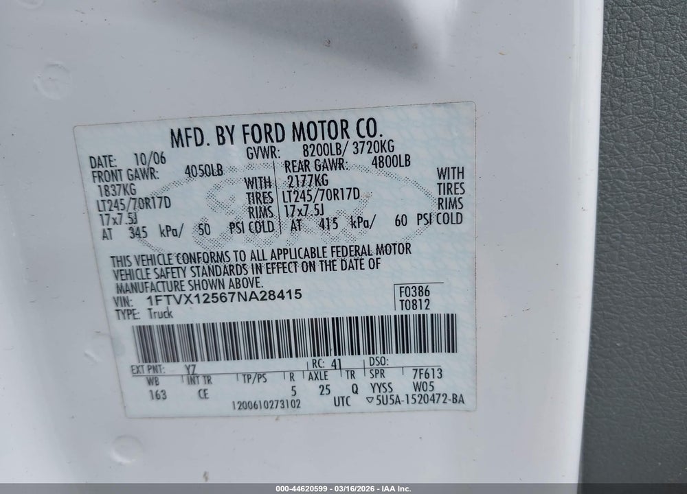 2007 FORD F-150 XL/XLT VIN: 1FTVX12567NA28415