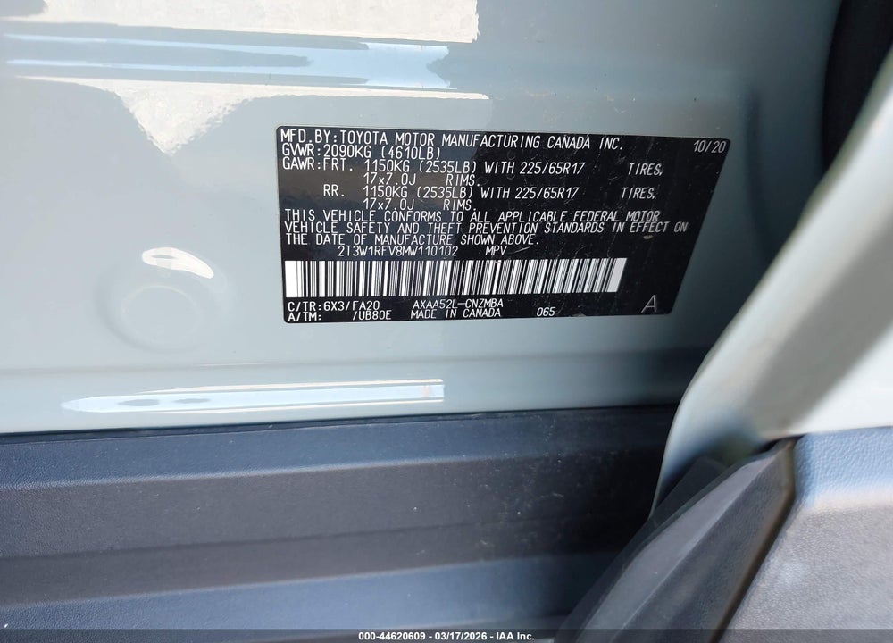 2021 TOYOTA RAV4 XLE VIN: 2T3W1RFV8MW110102