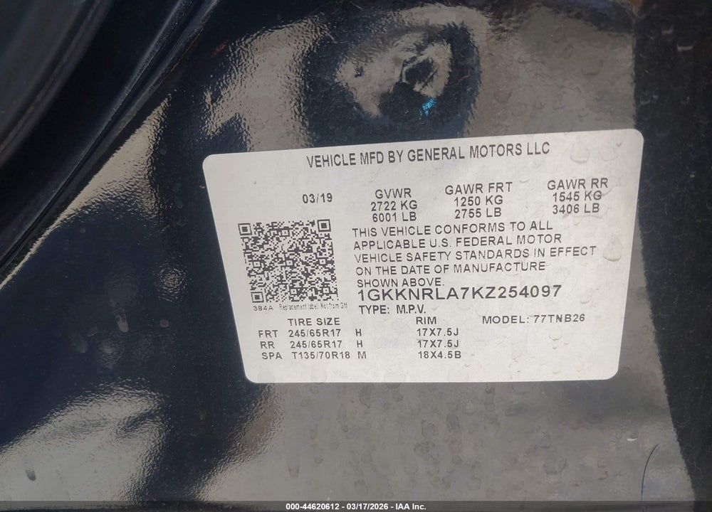 2019 GMC ACADIA SLE-1 VIN: 1GKKNRLA7KZ254097