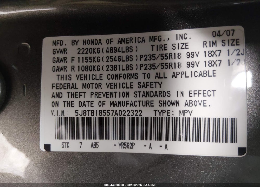 2007 ACURA RDX VIN: 5J8TB18557A022322