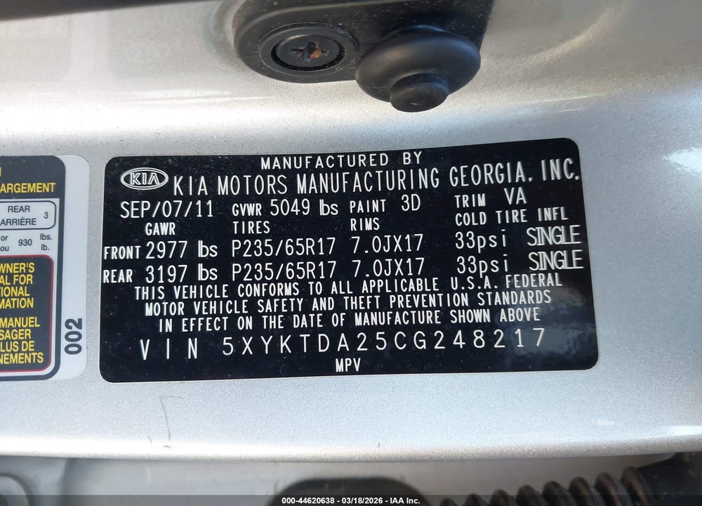 2012 KIA SORENTO LX V6 VIN: 5XYKTDA25CG248217