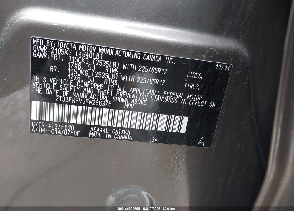2015 TOYOTA RAV4 LE VIN: 2T3BFREV5FW266375