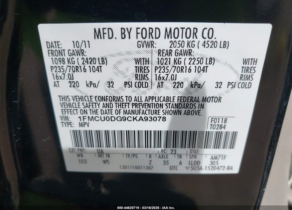 2012 FORD ESCAPE XLT VIN: 1FMCU0DG9CKA93078