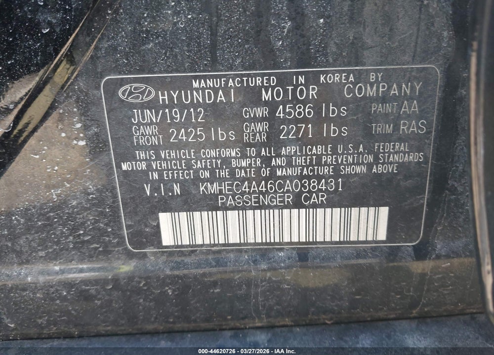 2012 HYUNDAI SONATA HYBRID VIN: KMHEC4A46CA038431