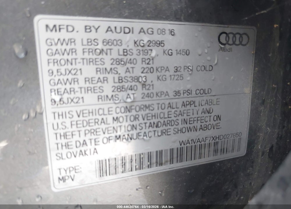 2017 AUDI Q7 3.0T PREMIUM VIN: WA1VAAF7XHD027850