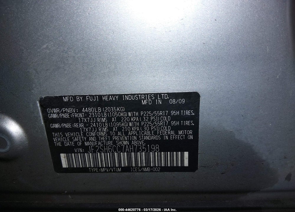 2010 SUBARU FORESTER 2.5X PREMIUM VIN: JF2SH6CC7AH735198
