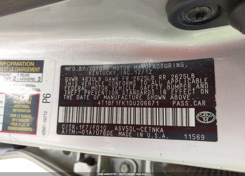 2013 TOYOTA CAMRY LE VIN: 4T1BF1FK1DU206671