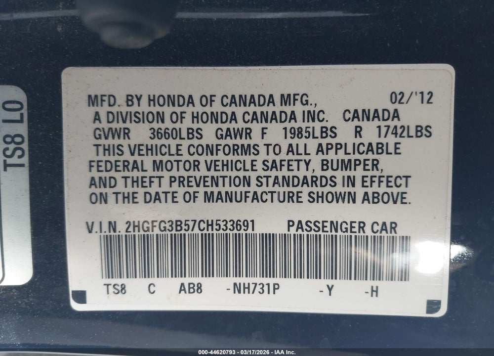 2012 HONDA CIVIC LX VIN: 2HGFG3B57CH533691
