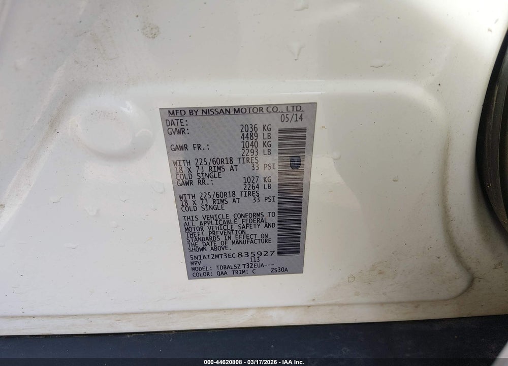 2014 NISSAN ROGUE S/SL/SV VIN: 5N1AT2MT3EC835927