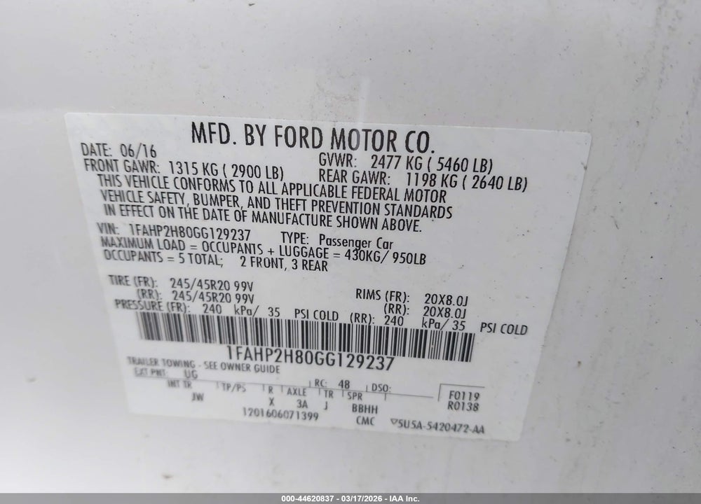 2016 FORD TAURUS SEL VIN: 1FAHP2H80GG129237