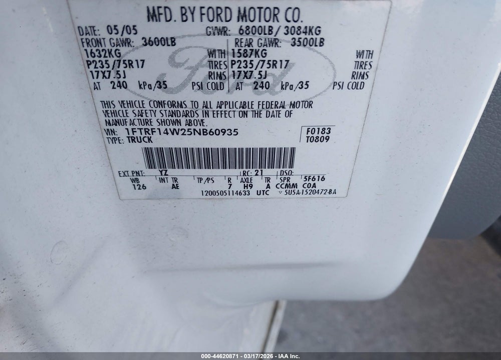2005 FORD F-150 STX/XL/XLT VIN: 1FTRF14W25NB60935