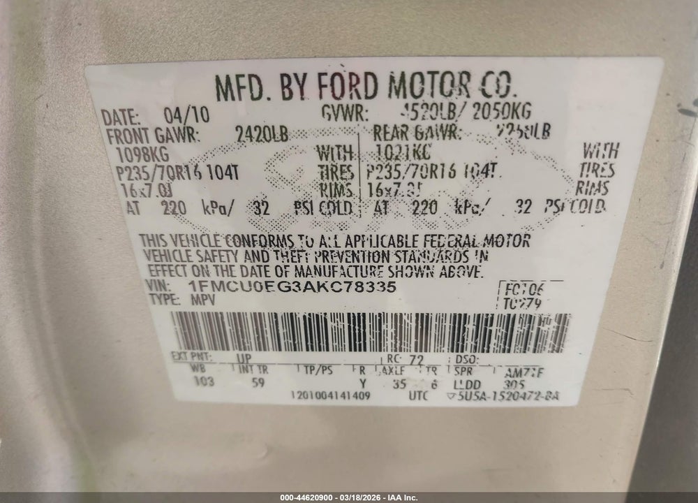 2010 FORD ESCAPE LIMITED VIN: 1FMCU0EG3AKC78335