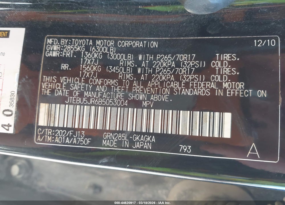 2011 TOYOTA 4RUNNER SR5 V6 VIN: JTEBU5JR6B5053004