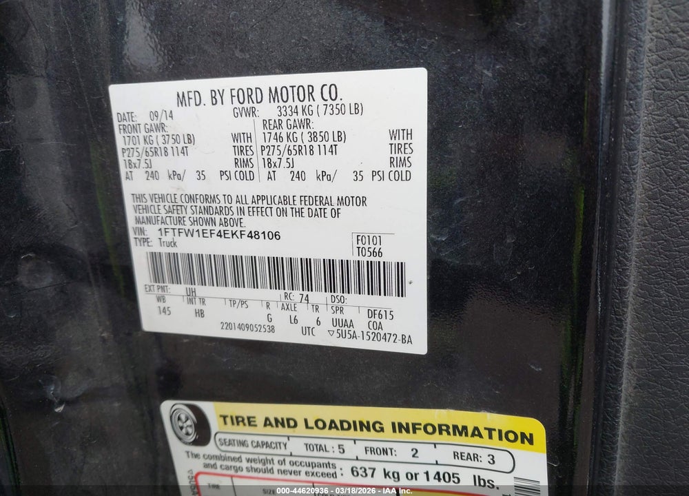 2014 FORD F-150 LARIAT VIN: 1FTFW1EF4EKF48106