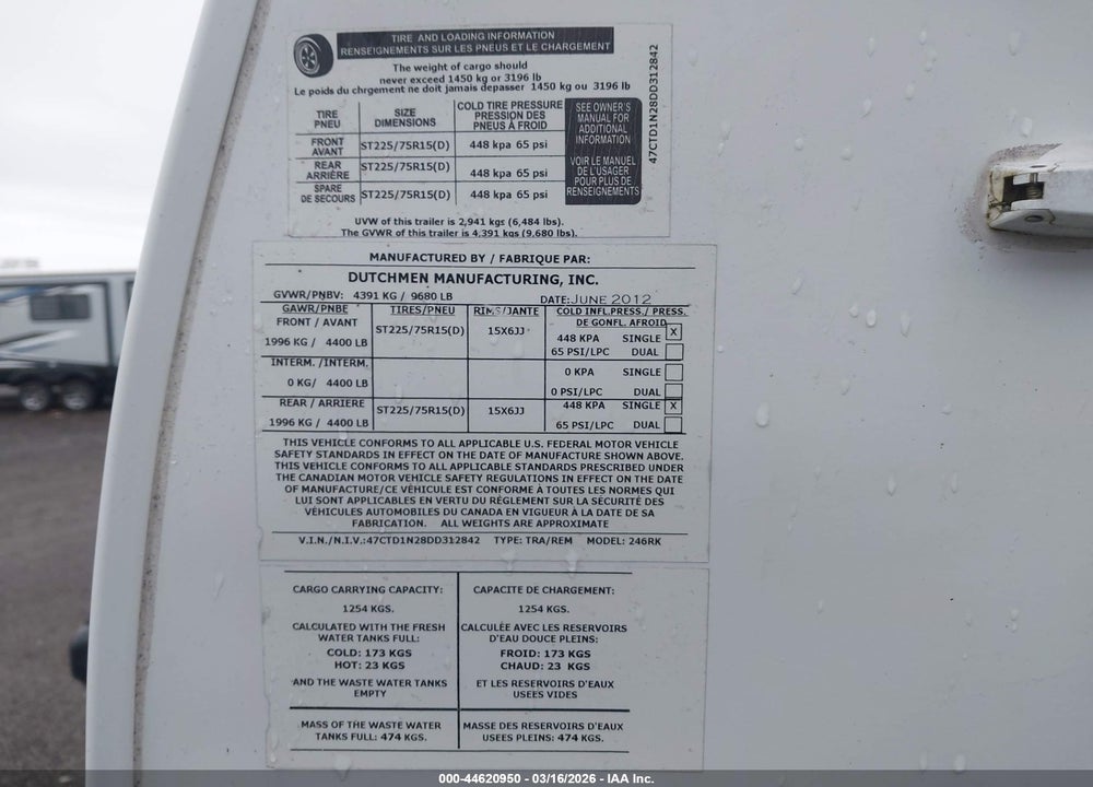2013 DANALI DUTCHMAN VIN: 47CTD1N28DD312842