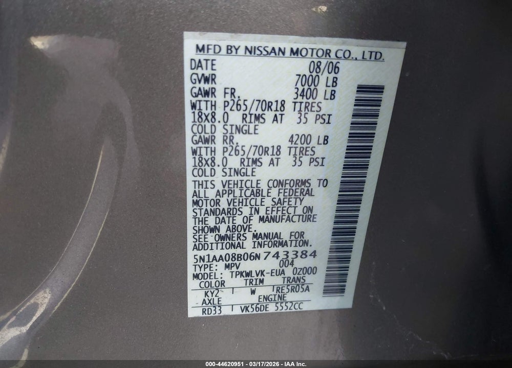 2006 NISSAN ARMADA LE VIN: 5N1AA08B06N743384