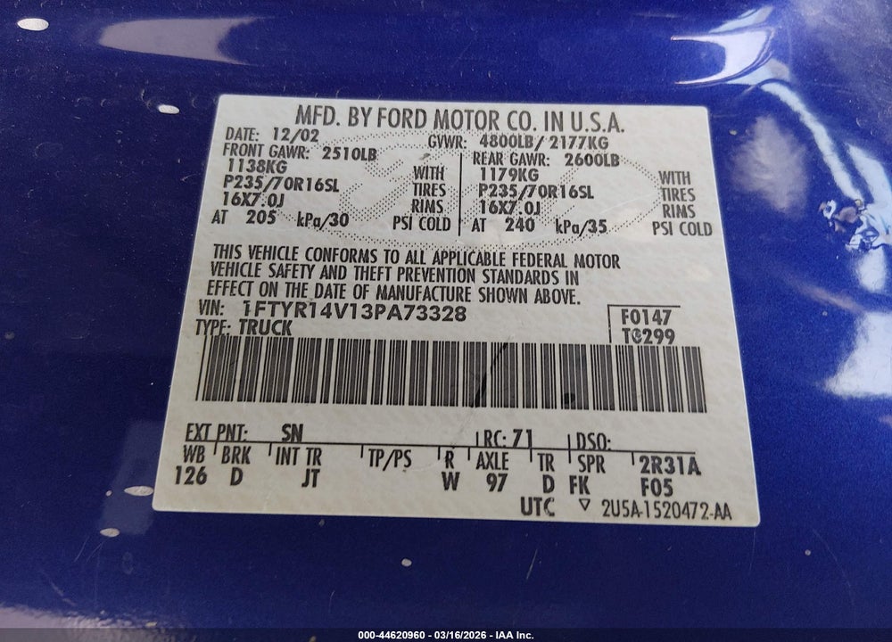 2003 FORD RANGER EDGE/TREMOR/XL/XLT VIN: 1FTYR14V13PA73328