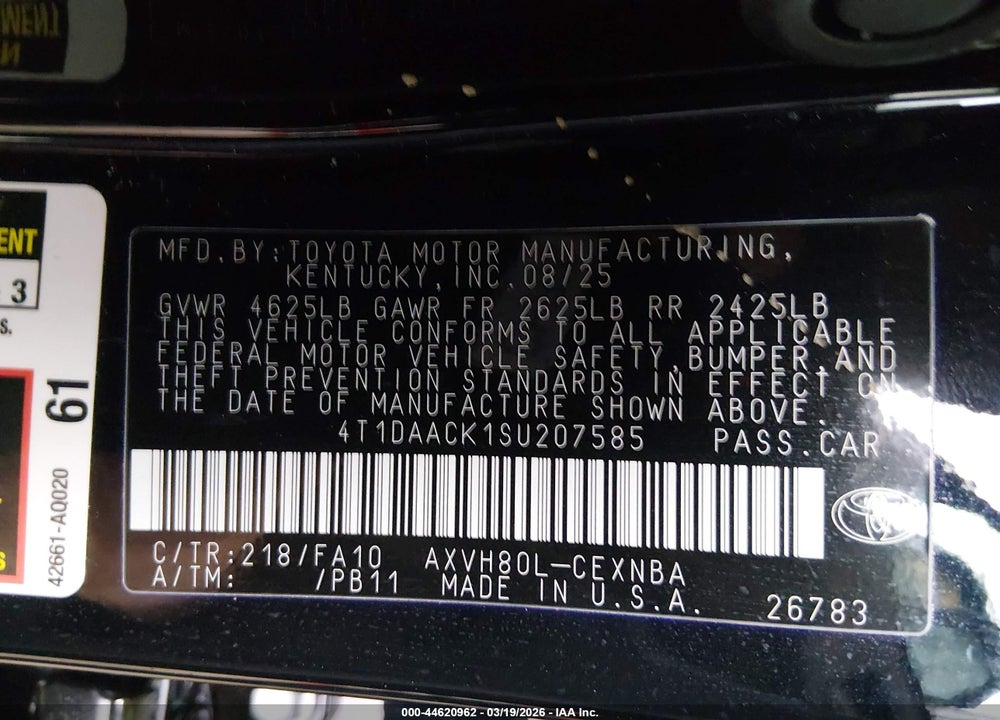 2025 TOYOTA CAMRY LE VIN: 4T1DAACK1SU207585