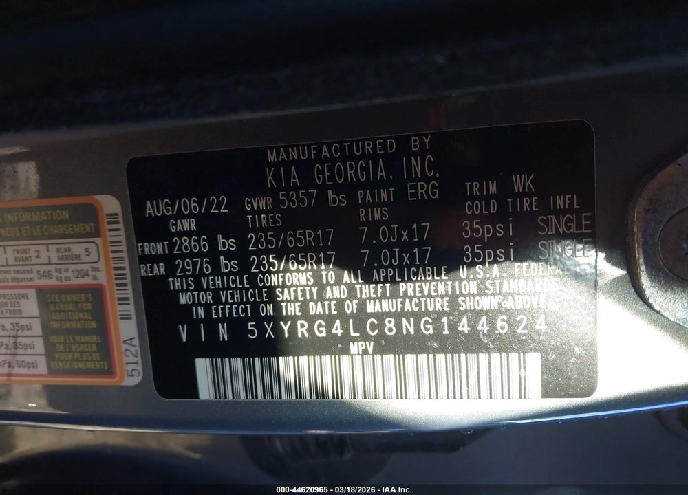 2022 KIA SORENTO LX VIN: 5XYRG4LC8NG144624
