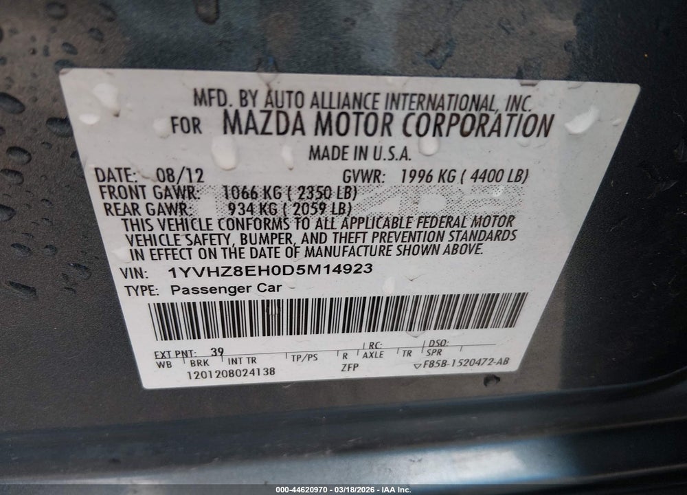 2013 MAZDA 6 I TOURING PLUS VIN: 1YVHZ8EH0D5M14923
