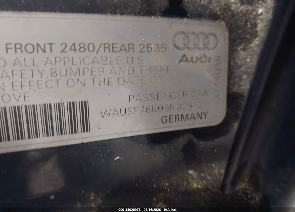 2009 AUDI A4 2.0T PREMIUM VIN: WAUSF78K09N025127